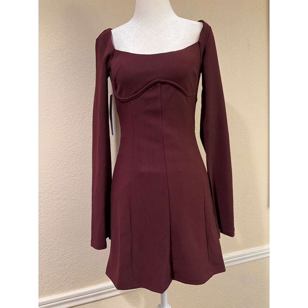 Princess Polly Burgundy Long Sleeve Bustier Mini Dress US 4  Square Neck